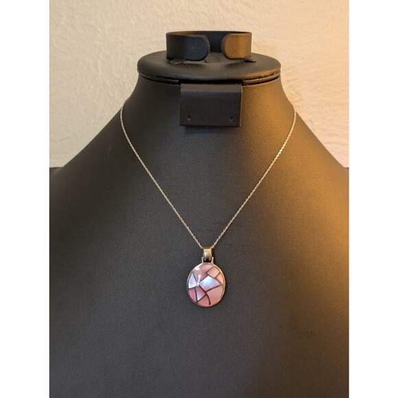 Pink Inlay Mother of Pearl Sterling Silver Necklace Signed M - Picture 8 of 9